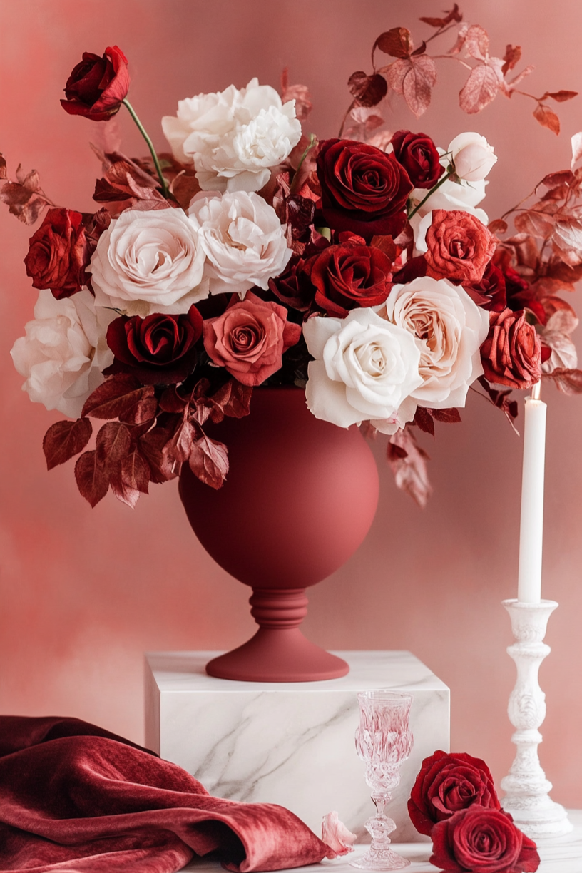 Dark Red White Flowers Vase Diamond Art Kit