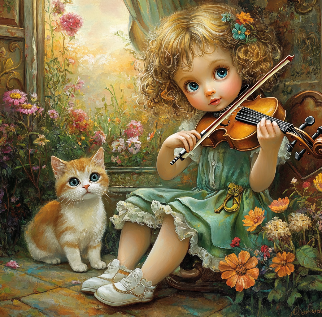 Cat And Violin Girl Diamond Art Kit