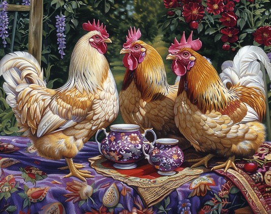 Three Roosters For Tea Diamond Art Kit