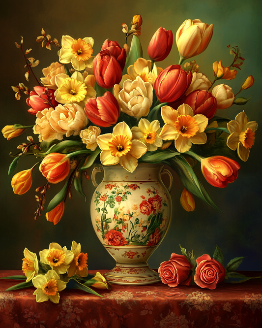 Yellow Daffodils And Tulip Vase Bouquet Diamond Art Kit