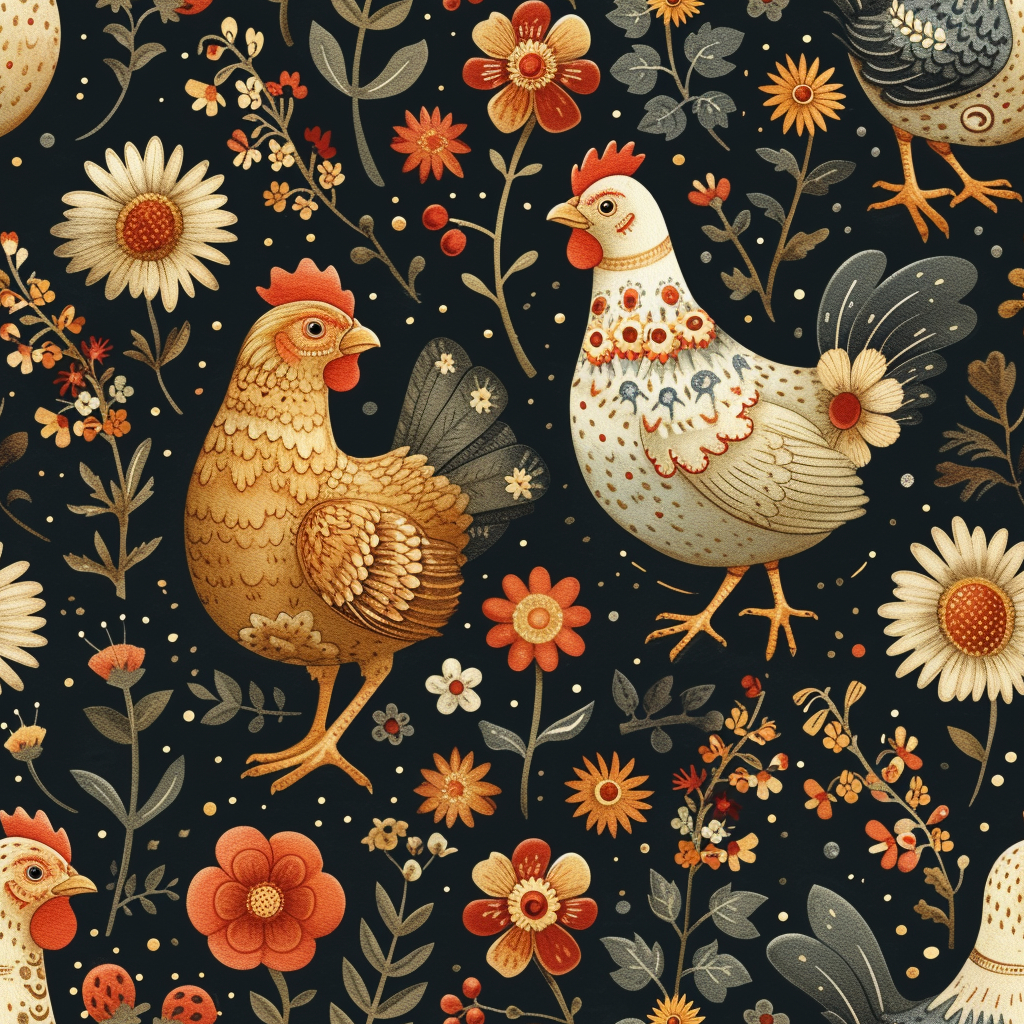 Two Abstract Chickens And Flowers Diamond Art Kit