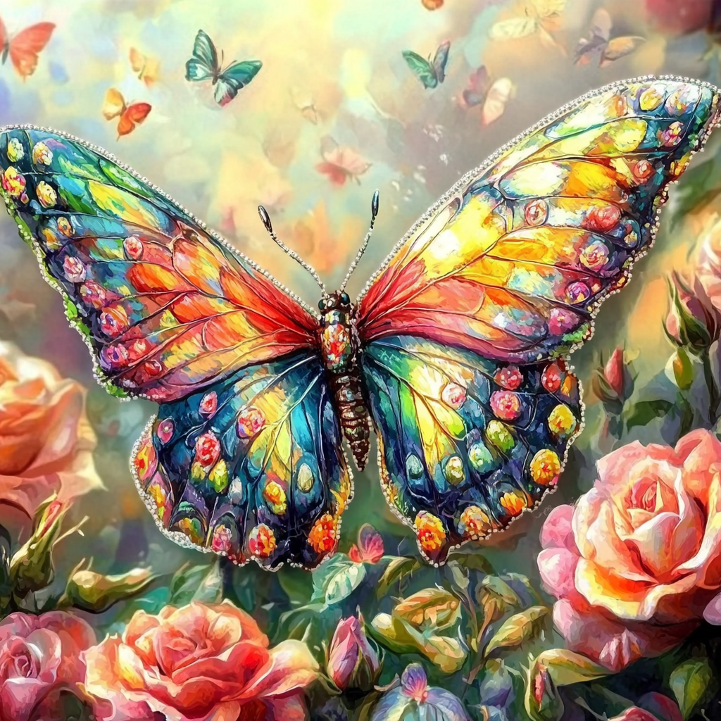 Yellow Pink Roses And Butterfly Diamond Art Kit