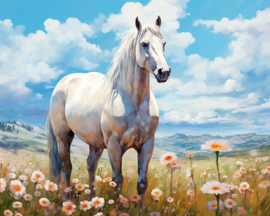 White Flowers White Stallion Diamond Art Kit