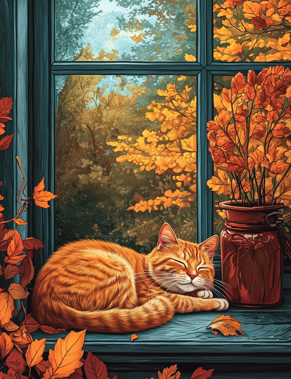 Striped Cat Napping On A Fall Day Diamond Art Kit