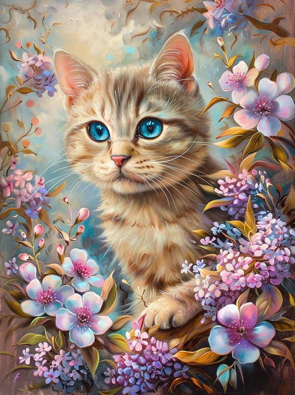 Blueeye Striped Cat Flowers Diamond Art Kit