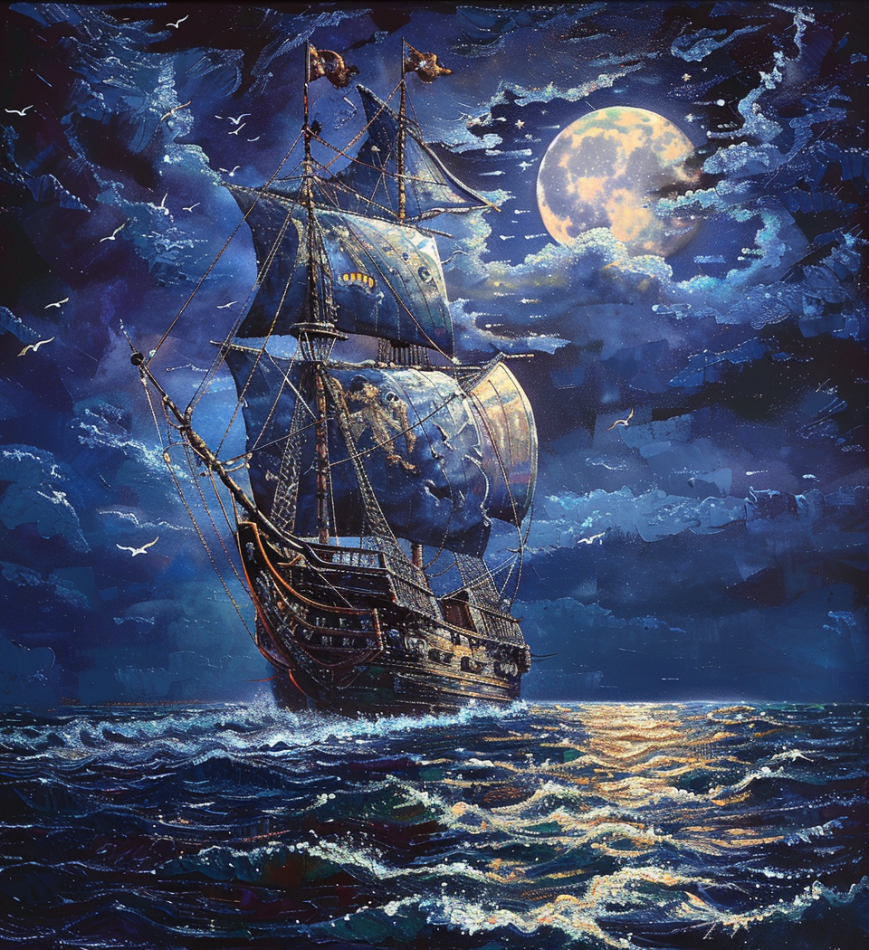 Blue Sky Pirate Ship At Night Diamond Art Kit
