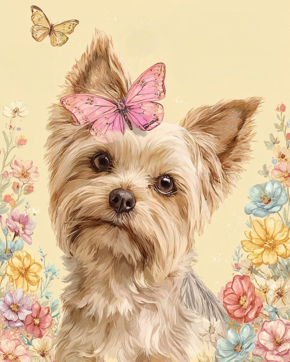 Pink Butterfly Spring Yorkshire Terrier Diamond Art Kit