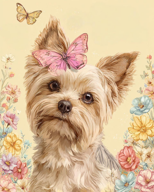 Pink Butterfly Spring Yorkshire Terrier Diamond Art Kit