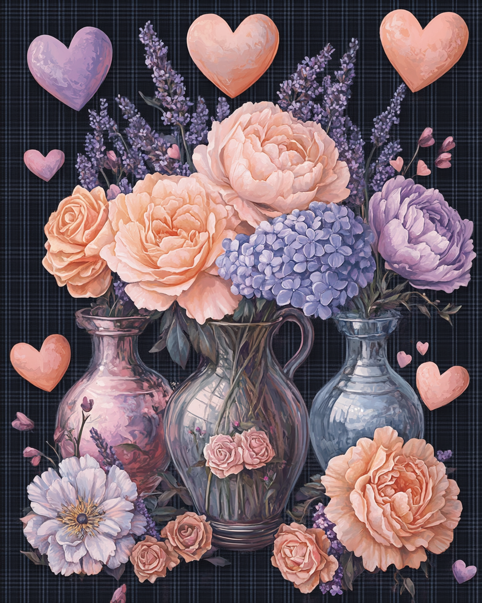Hearts And Peony Vases Diamond Art Kit