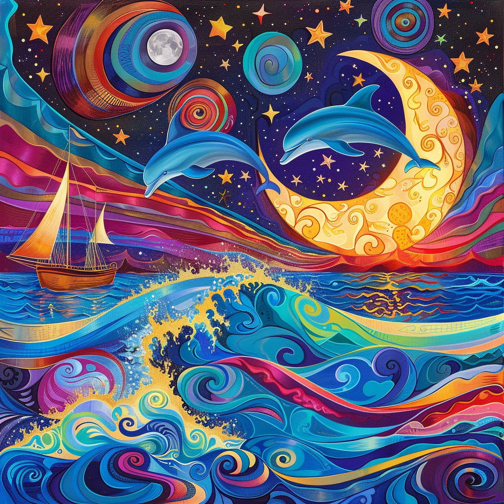 Abstract Moon And Waves Dolphins Diamond Art Kit