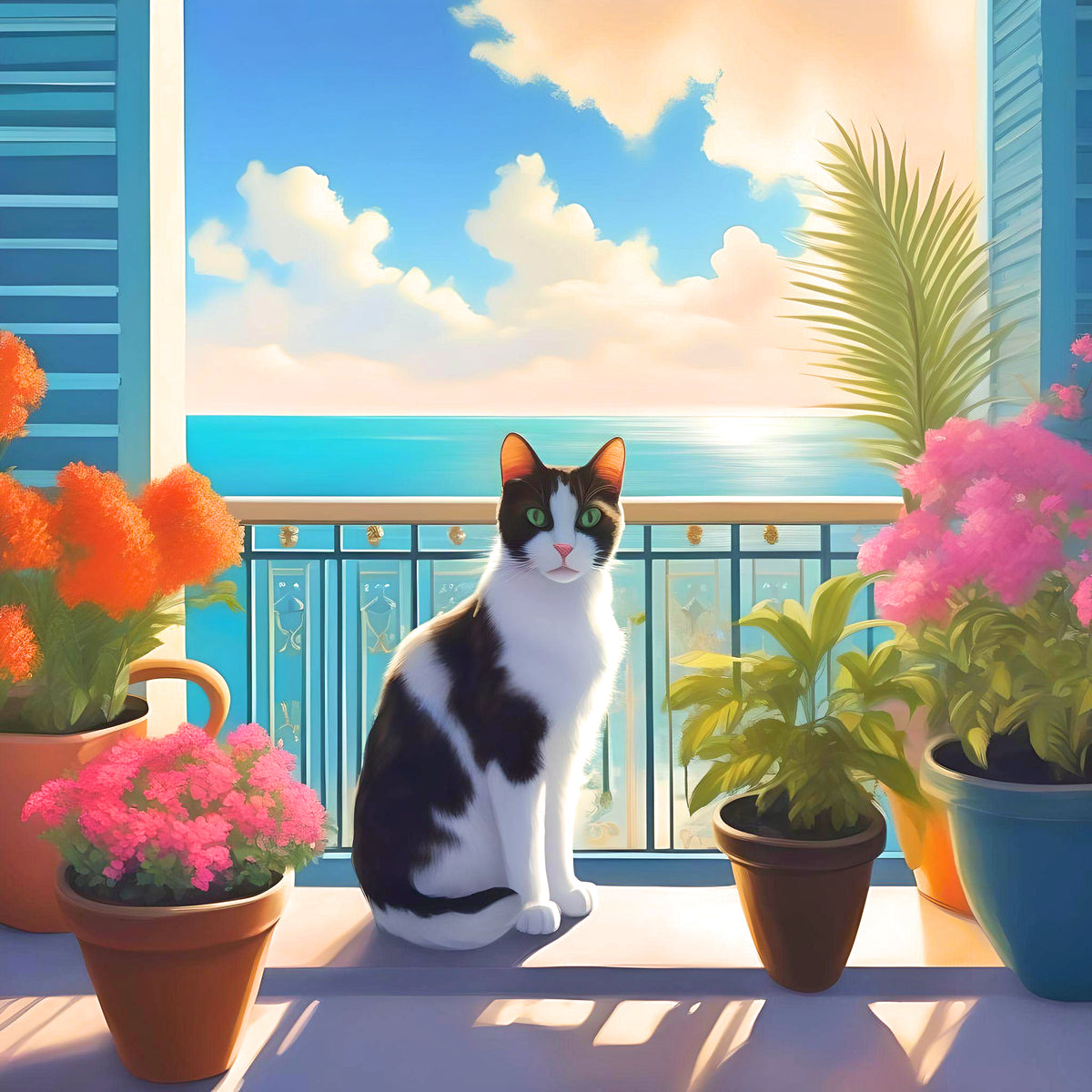 Black White Cat Beach Window Diamond Art Kit