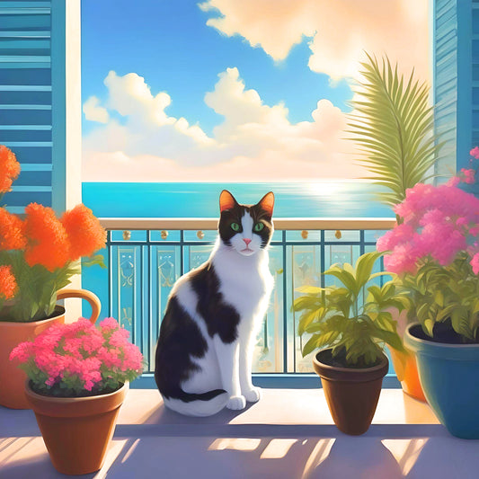 Black White Cat Beach Window Diamond Art Kit
