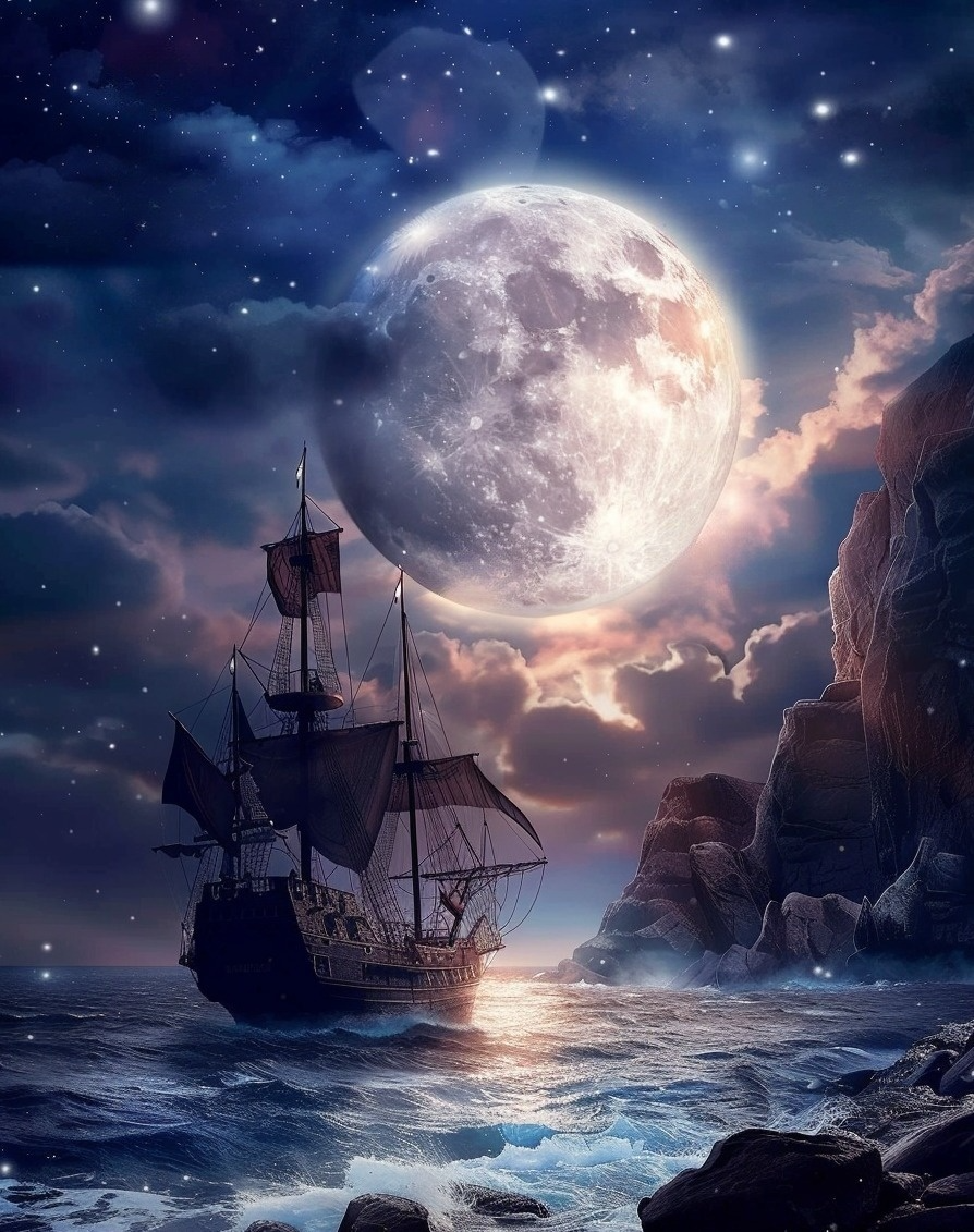 Pirate Ship At Full Moon Diamond Art Kit