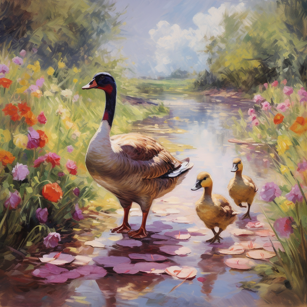 Mother Goose And Two Goslings Flowers Diamond Art Kit