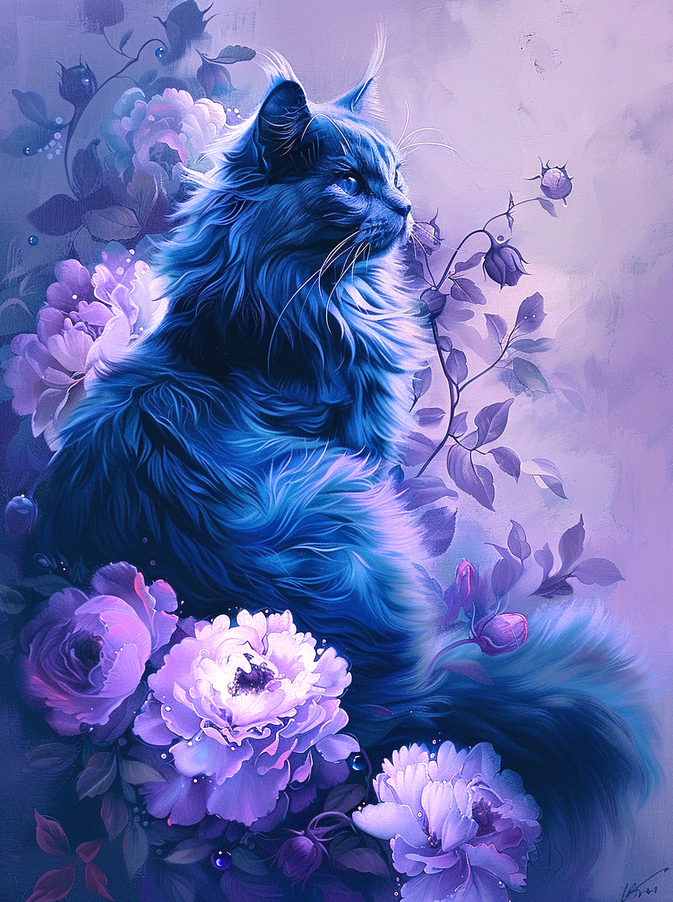 Purple Flower Purple Colored Cat Diamond Art Kit