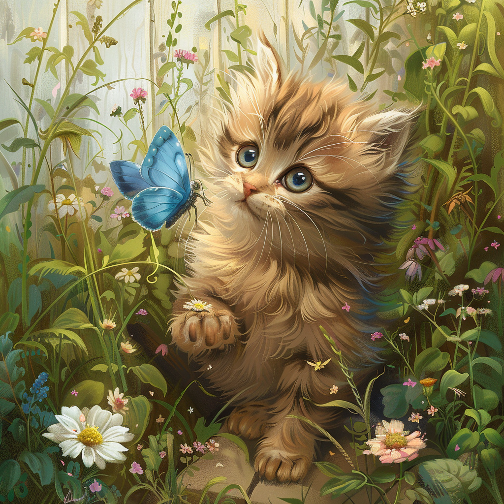 Tan Kitten And Large Blue Butterfly Diamond Art Kit