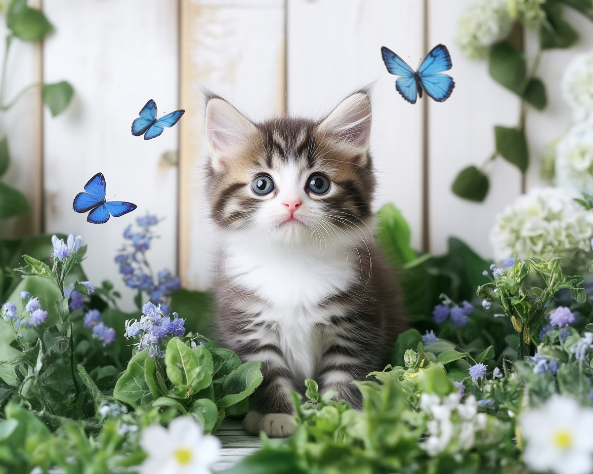 Kitten And Blue Butterflies Diamond Art Kit