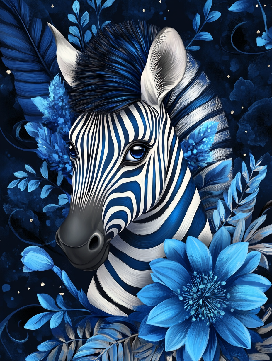Blue Stripes Flowers Zebra Diamond Art Kit