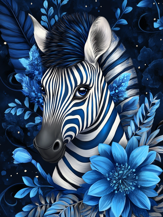 Blue Stripes Flowers Zebra Diamond Art Kit