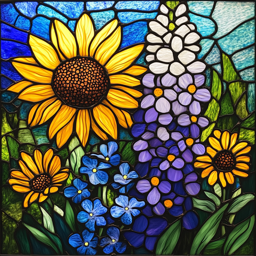 Large Sunflower Bluebonnets Abstract Diamond Art Kit