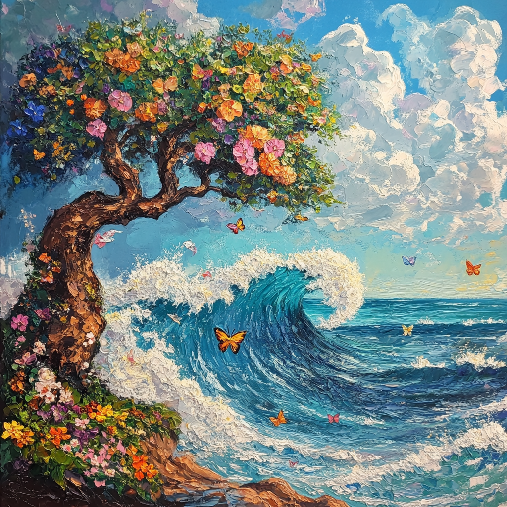 Tree Flowers And Waves Diamond Art Kit