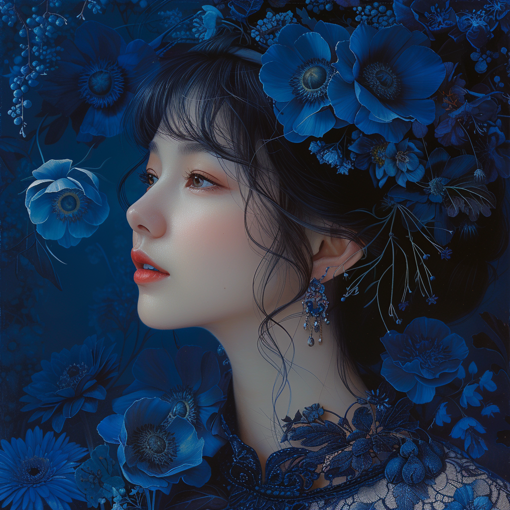 Blue Black Flower Girl Diamond Art Kit