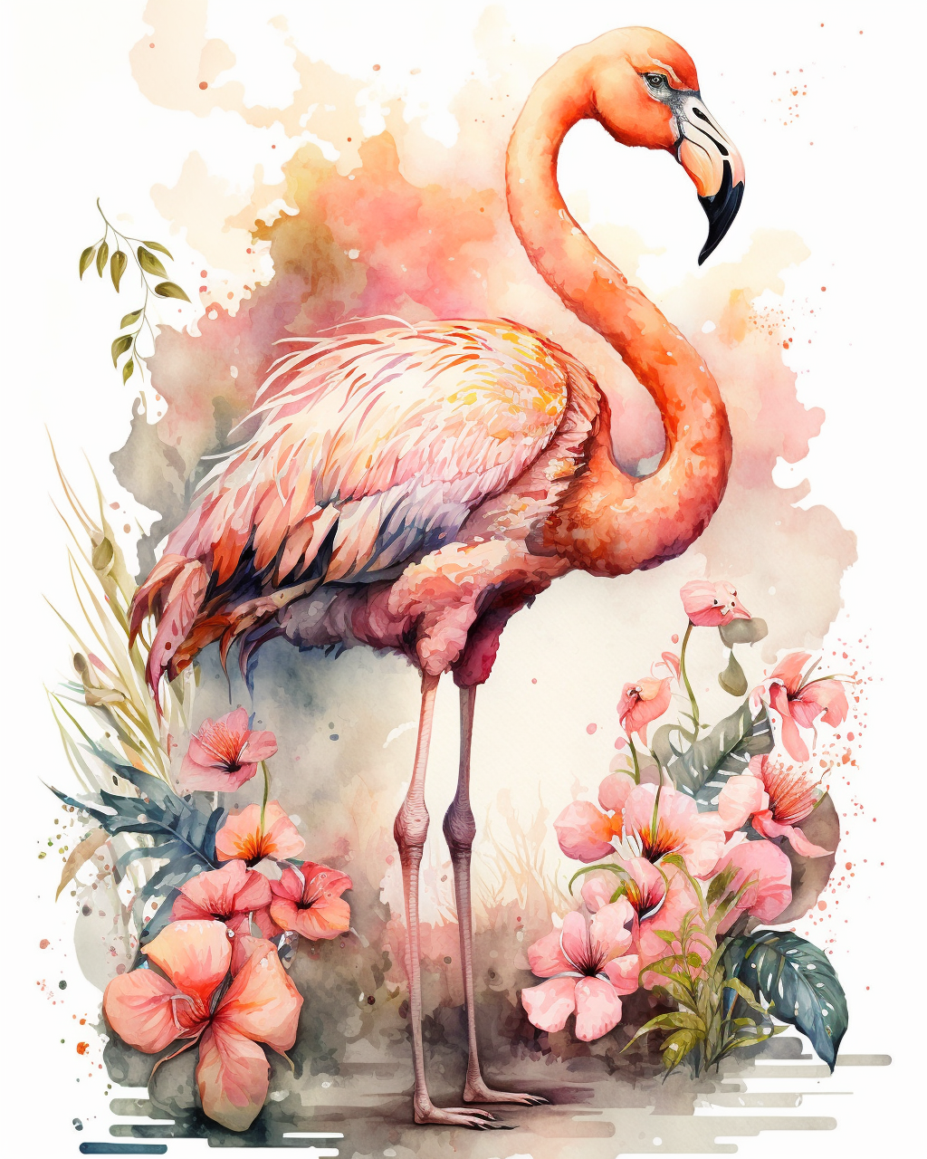 Flamingo In Flowers Watercolor Diamond Art Kit