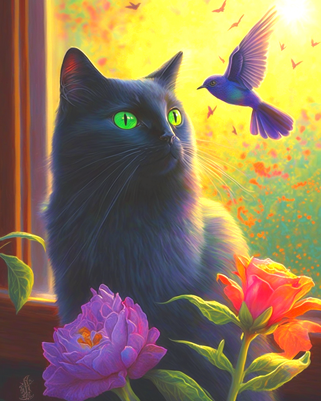 Black Cat Watching Hummingbird Diamond Art Kit