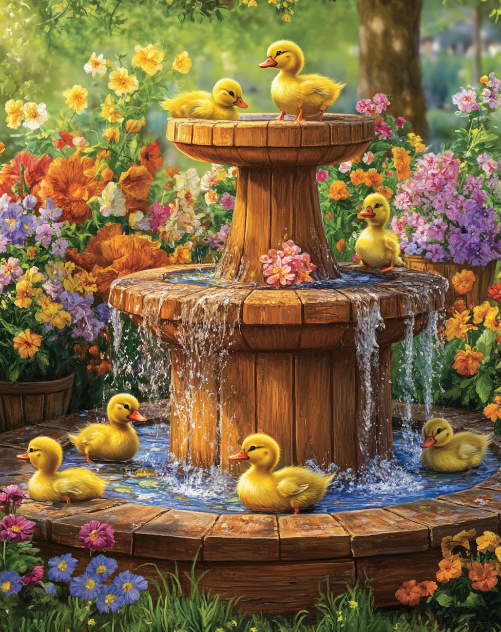Wooden Fountain Ducklings Diamond Art Kit