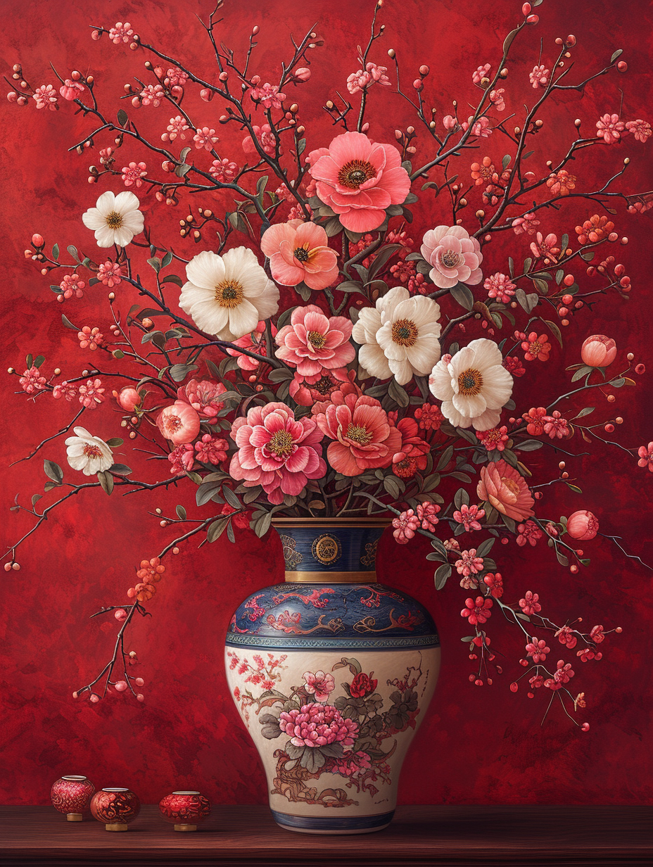 Red Background Vase Of Flowers Diamond Art Kit