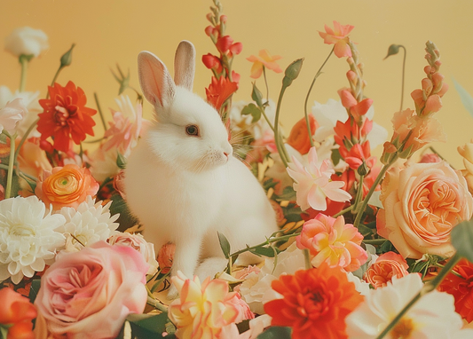 Yellow Background White Rabbit In Flowers Diamond Art Kit