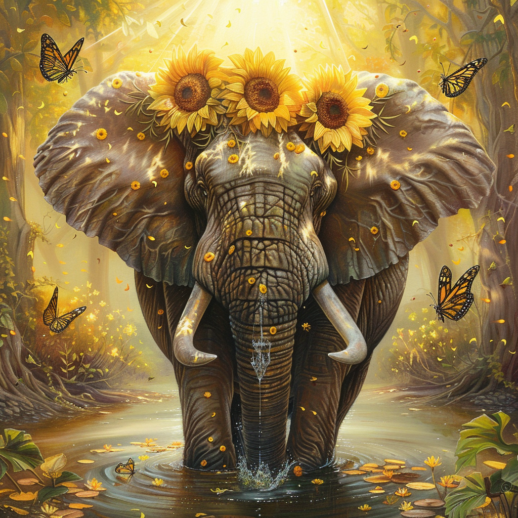 Sunflower Elephant In Water Diamond Art Kit