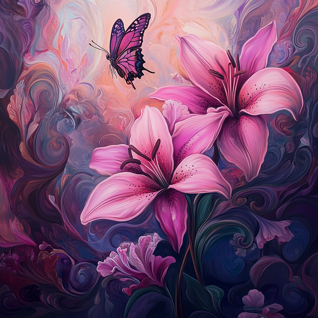 Pink Lilies And Butterfly Diamond Art Kit