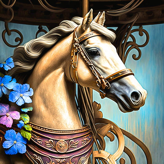 Blue Flower Carousel Horse Diamond Art Kit