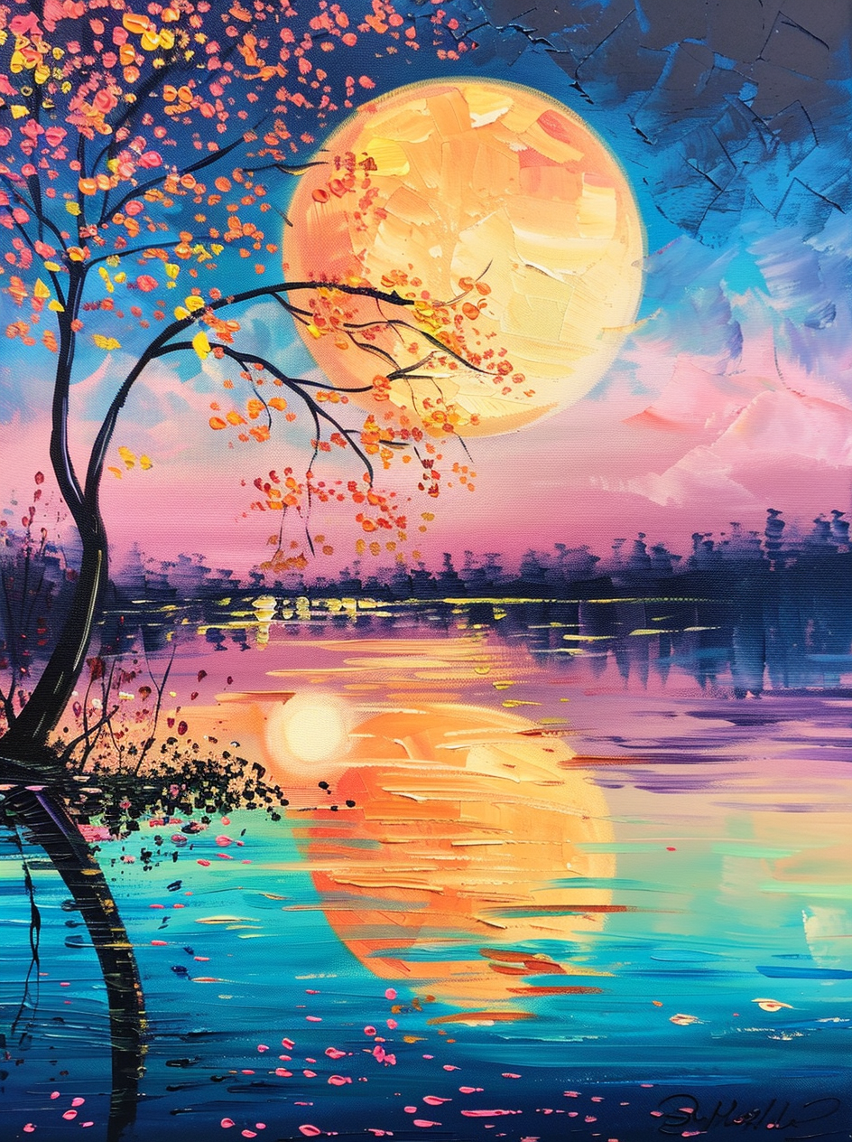Water Moon Reflection And Tree Diamond Art Kit