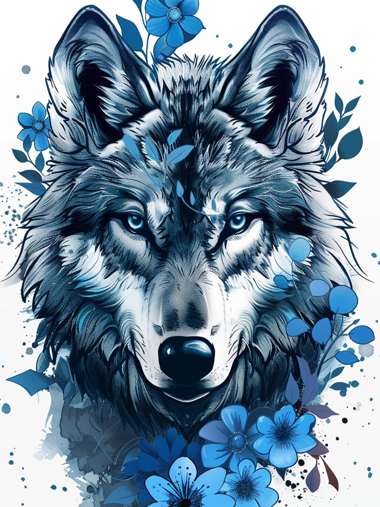 Blue Flowers Wolf Diamond Art Kit