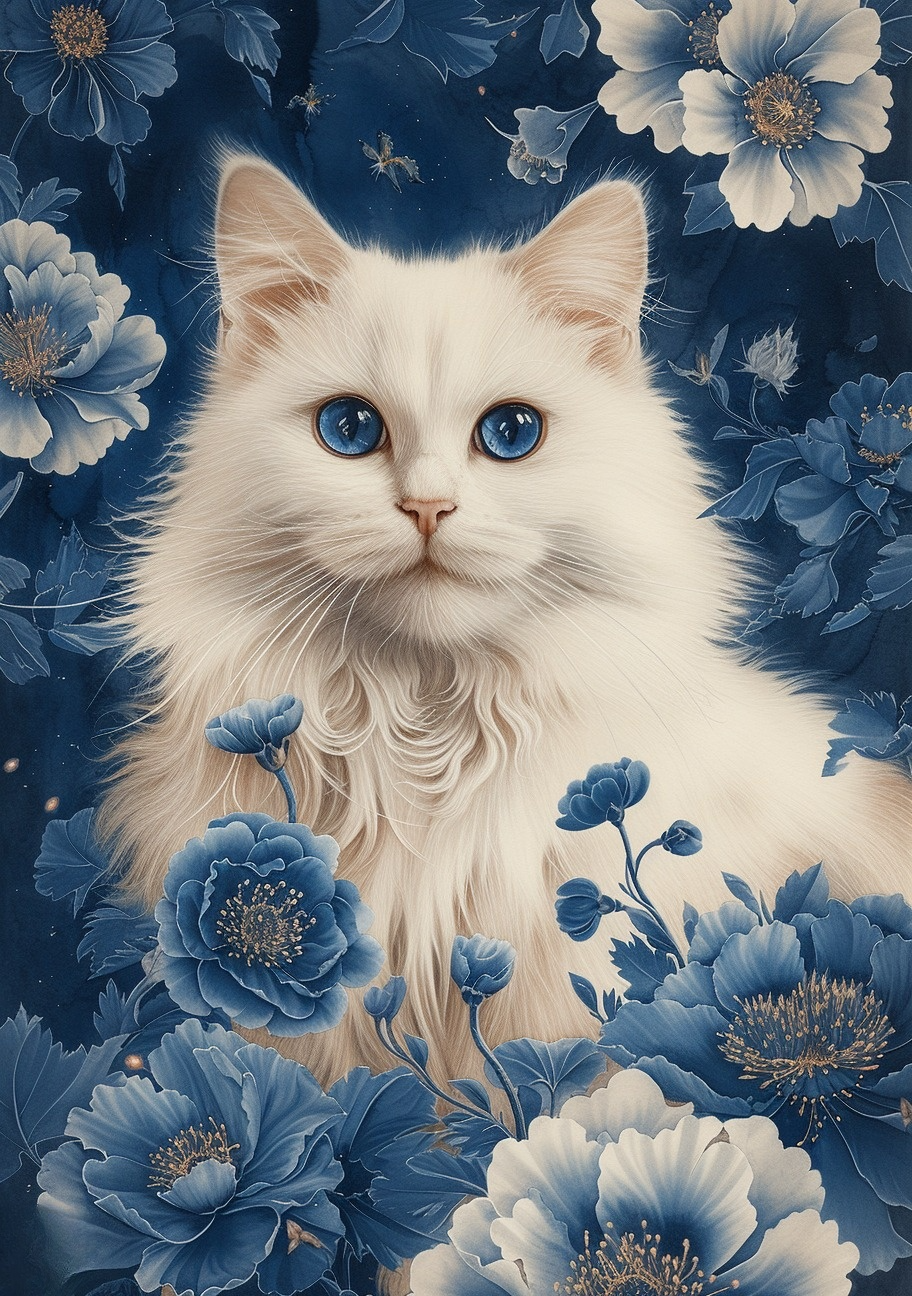 White Cat Blue Flowers Diamond Art Kit