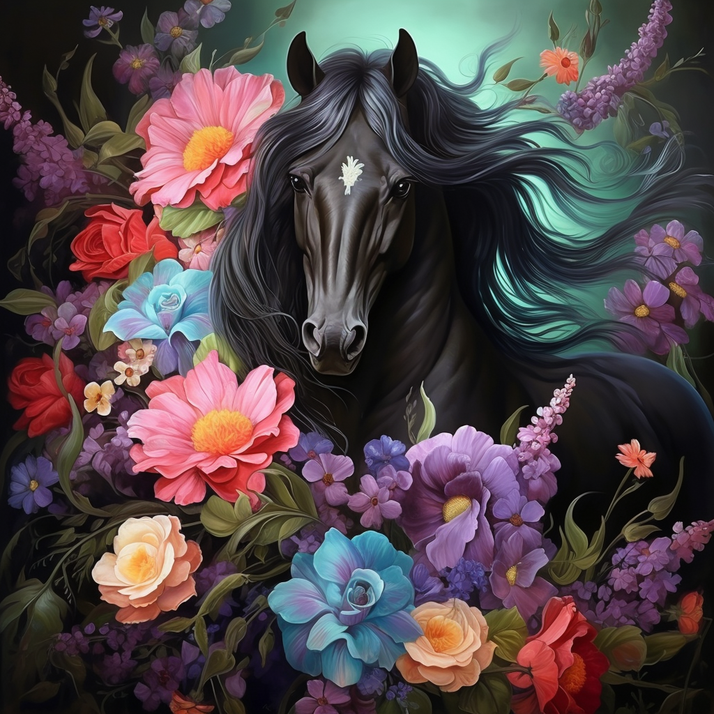 Black Stallion Flowers Diamond Art Kit