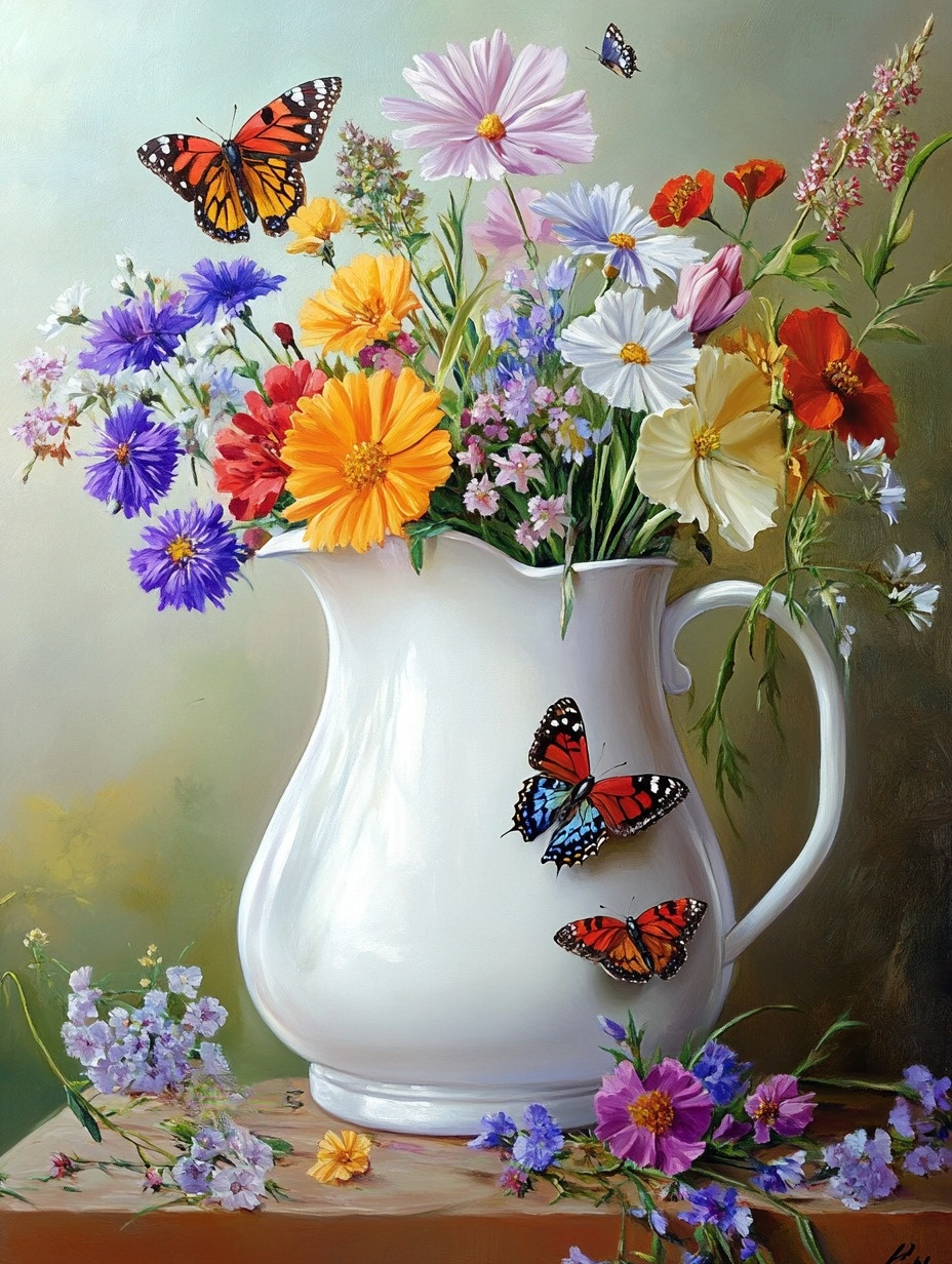 White Pitcher Garden Flowers Diamond Art Kit