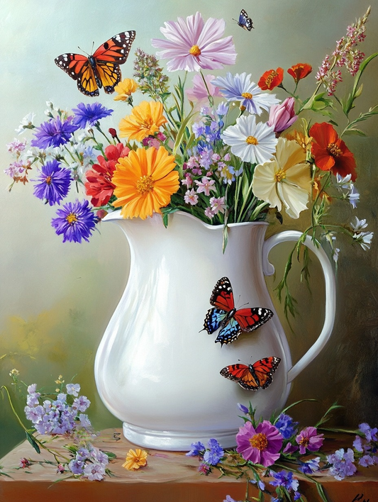 White Pitcher Garden Flowers Diamond Art Kit