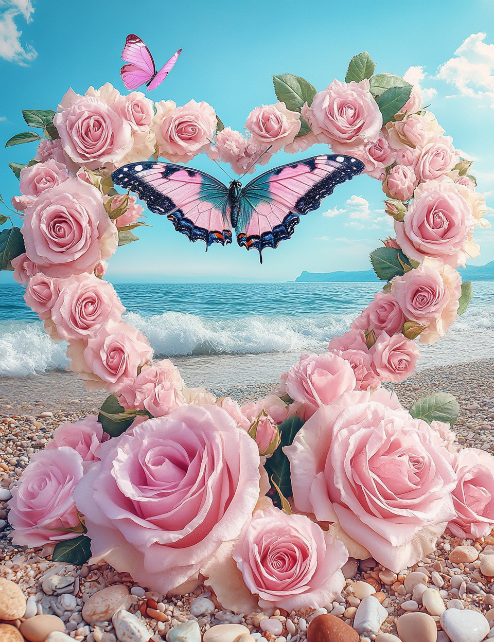 Heart Rose And Butterfly Beach Diamond Art Kit