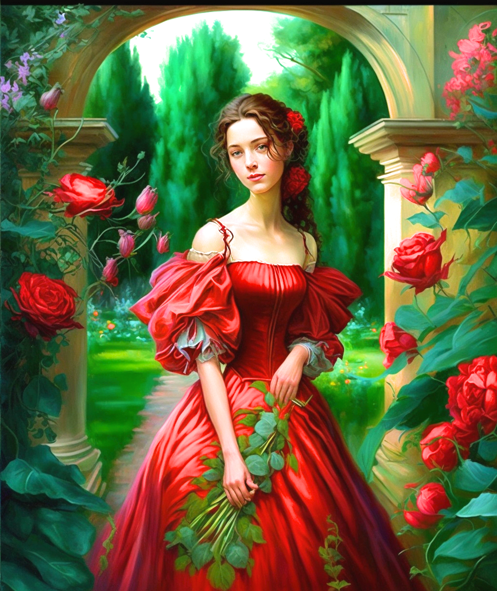 Red Dress Woman Rose Garden Diamond Art Kit