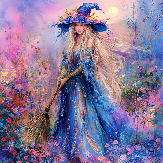 Blue Hat Witch Broom Diamond Art Kit