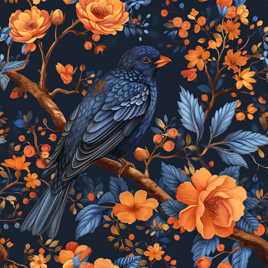 Orange Flowers Dark Bluebird Diamond Art Kit