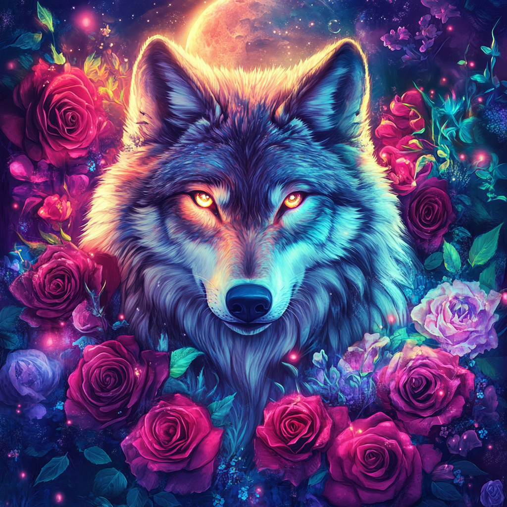 Glowing Eye Wolf And Roses Diamond Art Kit