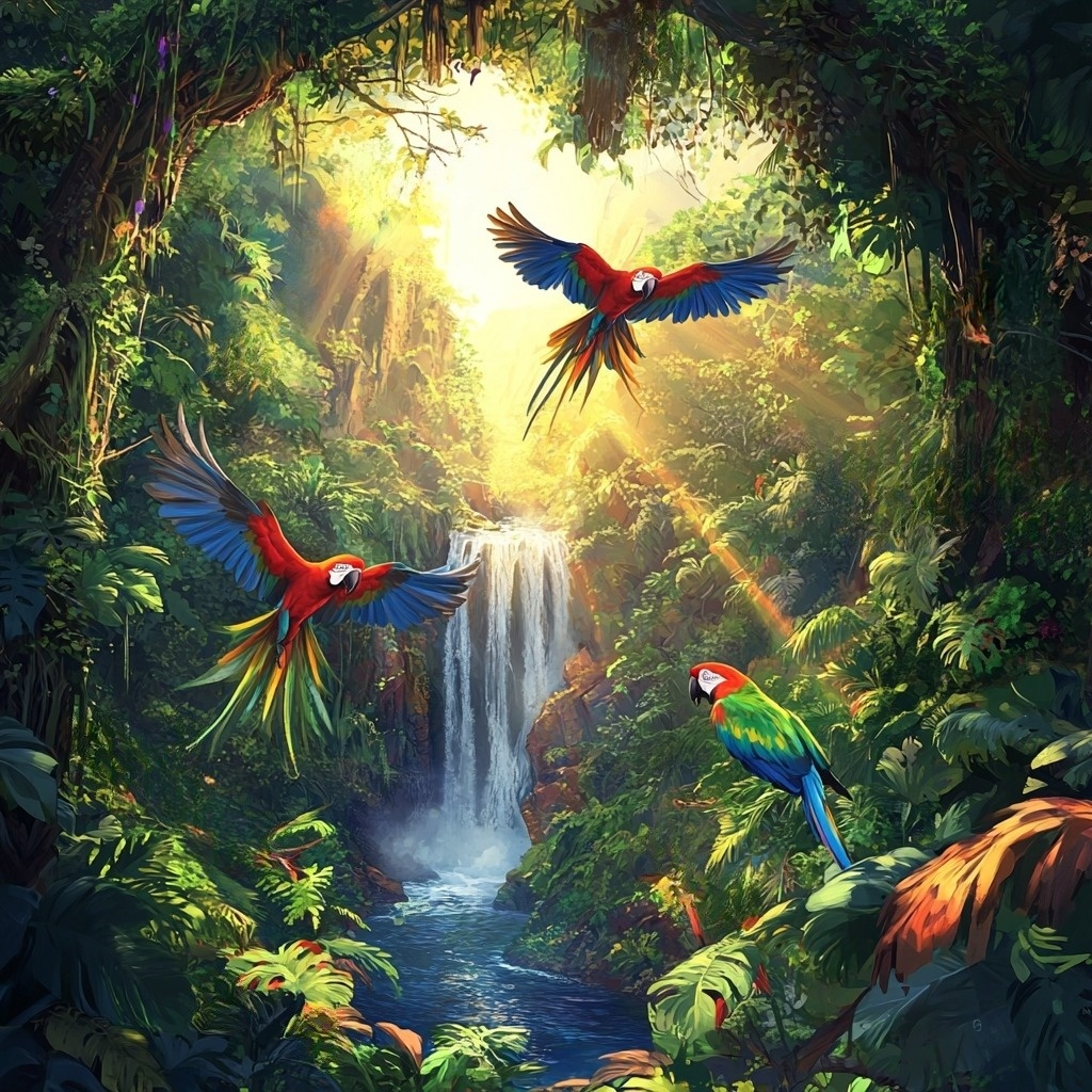 Macaws In The Jungle Waterfalls Diamond Art Kit