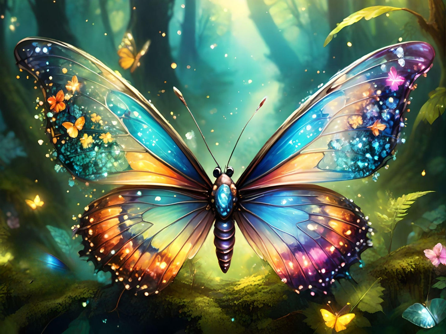 Blue Gem Butterfly Green Forest Diamond Art Kit