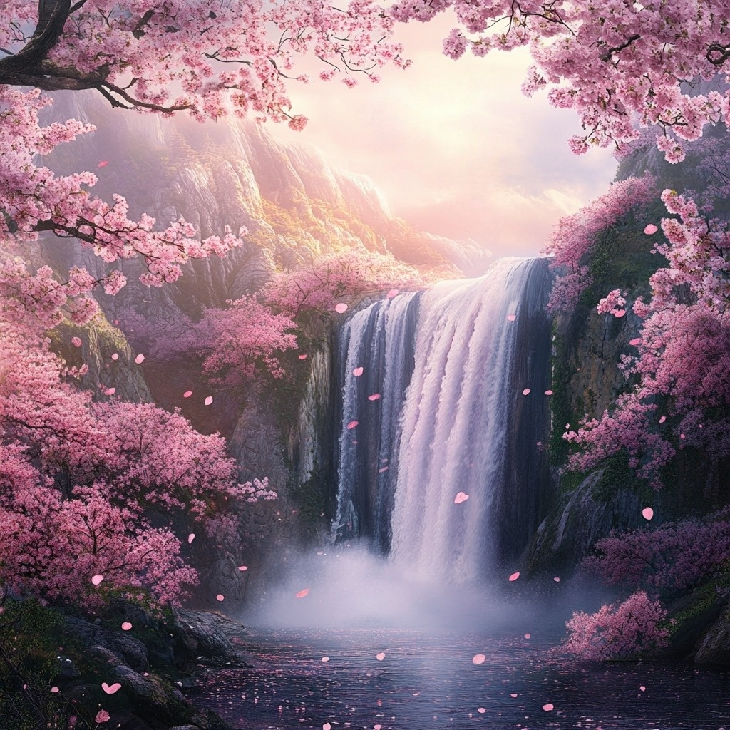 Pink Flower Bushes Trees Waterfalls Diamond Art Kit