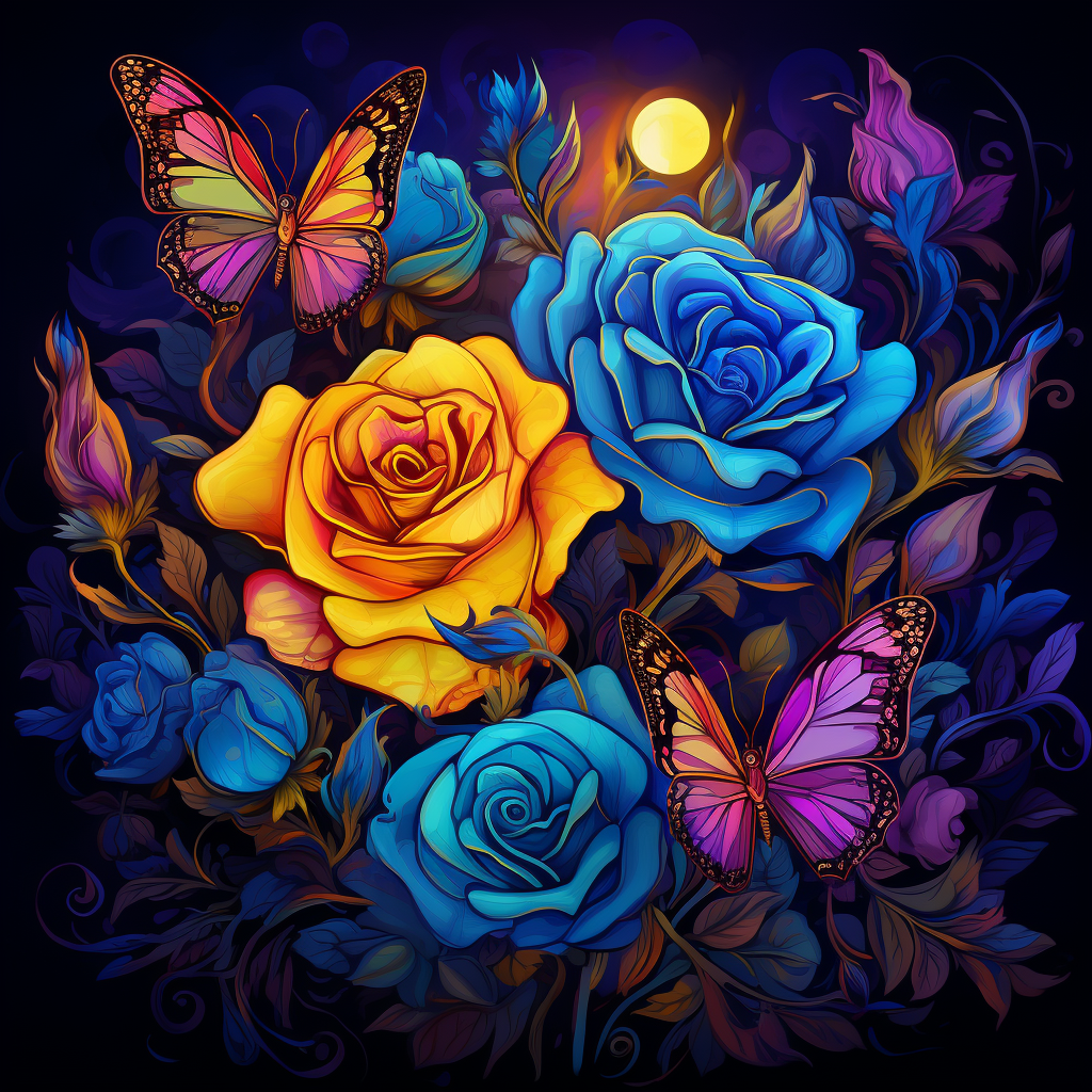 Yellow Blue Roses And Butterflies Diamond Art Kit