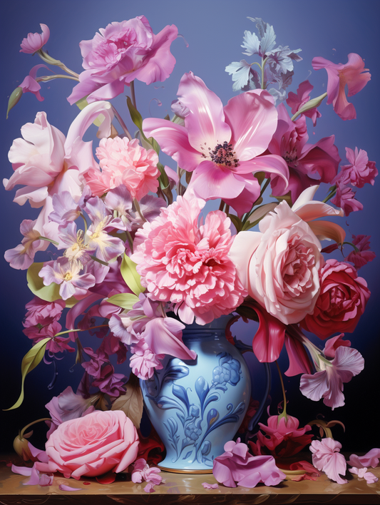 Blue Flower Vase Of Pink Flowers Diamond Art Kit